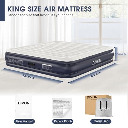 King Air Mattress With Built In Pump,Blow Up Mattress 2 Mins Self-Inflation/Deflation,Upgraded Thicker Inflatable Mattress，Flocked Top Air Bed with Storage Bag for Guests,Home，Camping，750 lbs Max 9