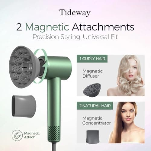Tideway Hair Dryer Professional High-Speed Ionic Blow Dryer 110,000 RPM, Compact Hair Dryer with Magnetic Diffuser, Fast Drying with Brushless Motor Low Noise Smart Temperature Control-H11 8