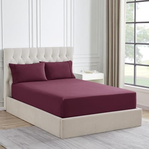 King Size Flannel Fitted Sheet Only with Full Elastic & Built in Corner Sheet Straps to Prevent Shifting - Soft & Cozy Flannel Bottom Sheet, King, Burgundy Red