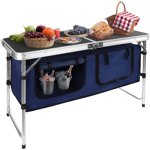 Elevon Folding Camping Table, Aluminum Alloy Portable Camping Dining Table with Storage Compartment, Adjustable Table Legs, Suitable for Beaches, Courtyards, Picnics, BBQ and Parties, Black