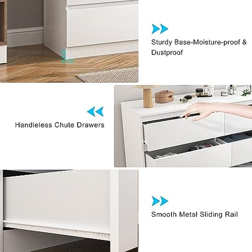 Vibe & Dine White Dresser 6 Drawer, Modern Double Dresser for Bedroom, Wood Chest of Drawers with Wide Storage for Living Room 6