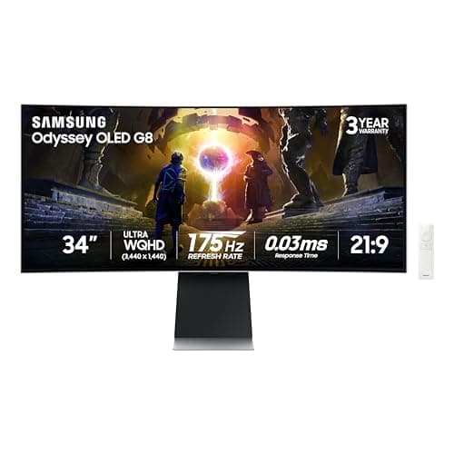 Samsung 34" Odyssey OLED G8 (G85SD) Ultra-QWHD QD-OLED G-Sync Compatible Curved Gaming Monitor, 175Hz, 0.03ms, Glare-Free Display, AMD FreeSync Premium Pro, 3 Yr Warranty,LS34DG856SNXZA,2024