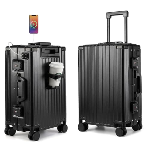Hard Shell Carry On Luggage 22x14x9 Airline Approved,20 Inch Aluminum Luggage with 100% 3-Layer PC,Carry On Suitcases with Wheels,Cup Holder and USB Port (Classic Black, 20 inch)