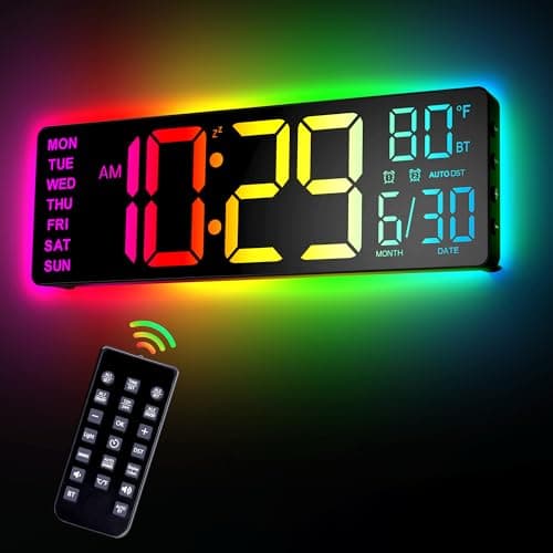 EASYERA 12" Digital Wall Clock for Classroom Livingroom Game Home Decor with LED Display RGB Lights, BIuetooth Sync, Dual Alarms, Auto DST, Countdown, Remote Control, Temperature