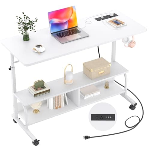 Armocity Rolling Standing Desk with Power Outlets, 47" Manual Height Adjustable Mobile Computer Desk with Wheels, Portable Sit Stand Laptop Couch Table for Bed & Sofa Home Office, Whtie