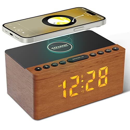 ANJANK Wooden Bluetooth Speaker, Alarm Clock with FM Radio, Qi Certified Fast Wireless Charging Station for iPhone/Samsung, USB Charger Port, Dimmable Display, Digital Wood Clock for Bedroom, Bedside