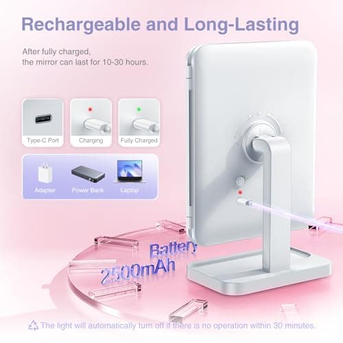 Axyra Makeup Mirror with 78 LED Lights, Rechargeable Tri-Fold Lighted Vanity Mirror, 3 Dimmable Color Lighting Modes, 1X 3X 5X Magnification, Touch Control, Lighted Makeup Mirror, Gift for Women 5