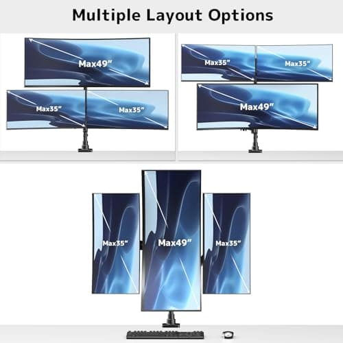 Triple Monitor Mount up to 49 inches, Fully Adjustable Heavy Duty 3 Monitor Arm with Gas Spring, Desk Mount for 3 Screens, C-Clamp & Grommet Base, Holds 44 lbs, Black 7