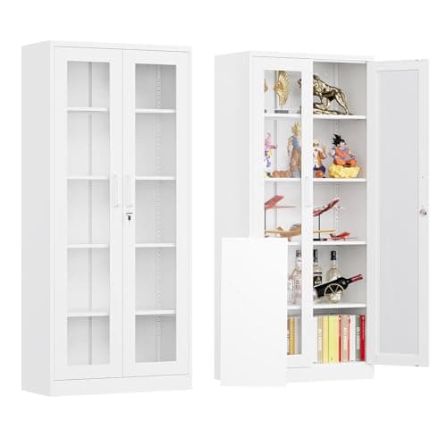 AFAIF Locking Display Cabinet with Glass Door, 71”H Metal Curio Cabinets with Adjustable Shelves, White Liquor Caninet Display Case for Living Room, Collectibles, Clinic, Home - Assembly Required