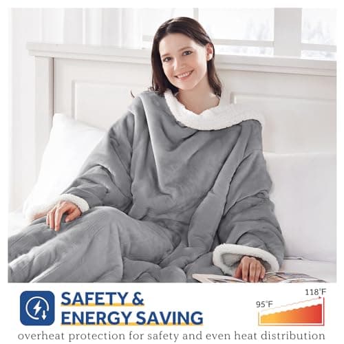 Sealy Electric Blanket Wearable with Foot Pocket, Electric Snuggle Blanket with Sleeves, Flannel & Sherpa Heating Throw with 6 Heat Settings & 2-10 Hours Auto Shut Off, 50 * 70"+18", Light Grey 5