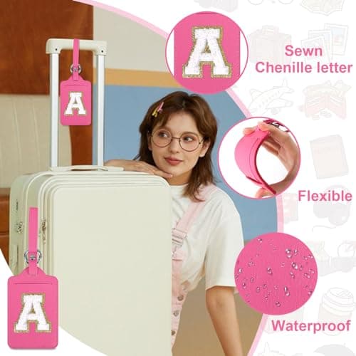 Initial Luggage Tags for Suitcases, Cute Letter Luggage Bag Suitcase Identifier Name Baggage Tag, PU Leather Travel Luggage Tags, Bag Tags for Men Women Kids Luggage Handbags(Rosered-White A) 7