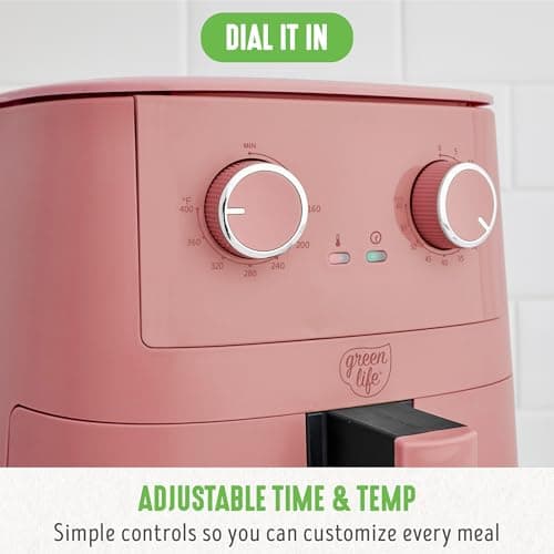 GreenLife 4.5QT Air Fryer, Mechanical Dial Controls, PFAS-Free Ceramic Nonstick Drawer, Adjustable Temp & Timer, LED Indicator, Oil-Less Cooking, Dishwasher Safe, Compact Family Size, Pink 5