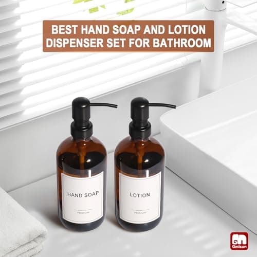 GMISUN Amber Glass Soap Dispenser, 2 Pack Bathroom Hand Soap Dispensers with Stainless Steel Pump, 17 Fl Oz Kitchen Hand and Dish Soap Dispenser Set, Modern Vintage Liquid Brown Soap Dispensers Bottle 6