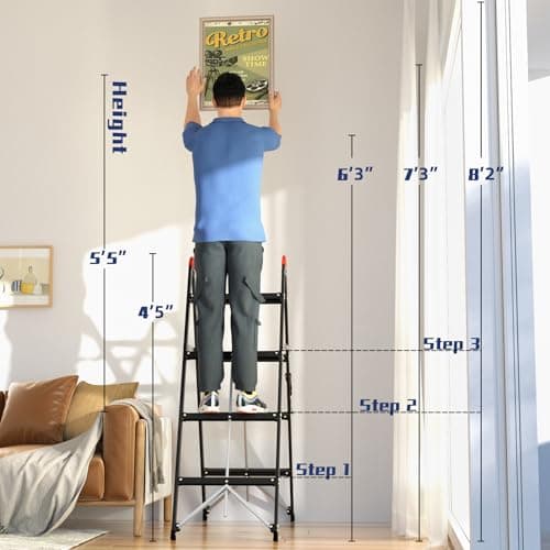 APARECIUM Foldable Twin Front Ladder, Collapsible A Frame 4-Step Ladder, Compact Step Stool with Wide Anti-Slip Pedal, Metal Portable Lightweight Ladder, EN131, 375lb Capacity 6