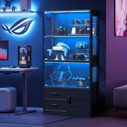 Display Cabinet with Glass Doors, 4-Tier Display Case with 3-Color Lights & Human Body Sensor, Storage Cabinets with 3 Shelves & 2 Drawers for Collectibles/Living/Dining/Game Room, Black Oak 9