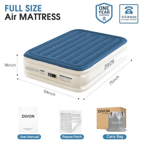 DIVON Air Mattress Full with Built in Pump,18’’Thicken Inflatable Mattress in 3 Mins,Foldable Blow Up Mattress,Portable Full Size Air Mattress for Camping,Travel&Floor,Air Bed for Adults,660lbs 6