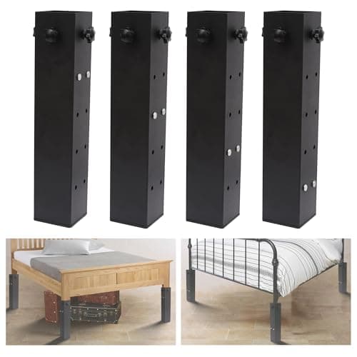 ybaymy 4 Pack 3.15" Diameter Carbon Steel Bed Risers Heavy Duty Metal, Adjustable to 3.2", 5.1", 8.1" or 11.2" Heights, fit College Dorm Square Wooden Bed Frames, Tables (Black)