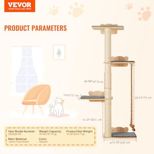 VEVOR 4 Tiers Tall Cat Wall Furniture Set with 4 Jumping Boards, Wall-Mounted Cat Floating Shelf up to 40 lbs, 12 mm Pine Wood Perch for Sleeping, Playing, and Climbing 8