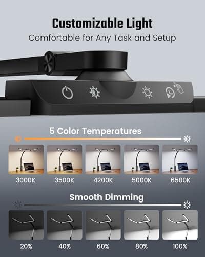 SUPERDANNY LED Desk Lamp with Power Strip (6 Outlets, 1 USB, 1 Type-C) for Home Office, 360° Swivel Architect Swing Arm Desk Clamp Lamp 3-Fold Desk Light Smooth Dimming 5 Colors Touch & Wave Control 5