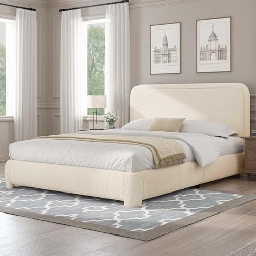 BarnFurin Queen Bed Frame with Headboard, Cloud Boucle Upholstered Platform Bed with Wood Slats, Soft Rounded Corners, No Box Spring Required, Non-Slip and Noise-Free, Easy Assembly, Cream