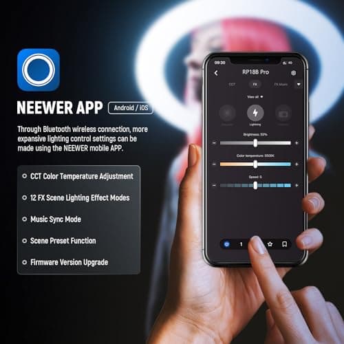 NEEWER 18 inch Ring Light with Tripod Stand and Phone Holder, Ultra Thin Video Ringlight 2900K-7000K TLCI98 App Control, Softer Lighting for Lash Tattoo Makeup Live Stream TikTok, RP18B Pro White 5