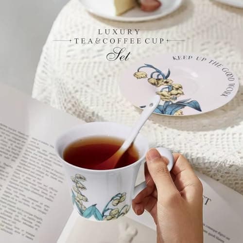 Tea Cup Set With 2 Tea Cups 2 Saucers And 2 Spoon 7 OZ Espresso Coffee Mug Vintage Creativetea Teacup And Saucer Set For Coffee,Tea,Latte, Cappuccino 7