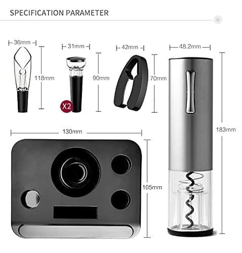 Electric Wine Opener Set (6-in-1) Include: Rechargeable Electric Wine Opener, Foil Cutter, Tulip Wine Aerator & Pourer, Wine Stopper*2, Charging Base & Cable, Manual Book, Color Box. 12