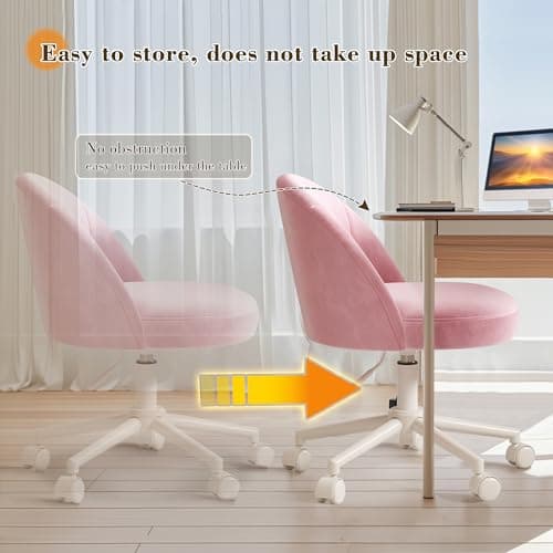 EnHomee Vanity Chair with Wheels, Comfy Office Chair with Back, Cute Desk Chair for Bedroom, Home Office, Makeup Room,Armless,Gentle Pink 8