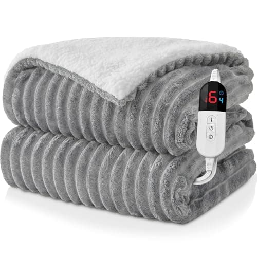Easthome Electric Heated Blanket Queen Size Dual Control - 84"x90" Fast Heating Bed Blankets with 6 Heating Levels & 10 Hours Auto Off, Soft Ribbed Flannel, Over-Heat Protection ETL, Light Gray