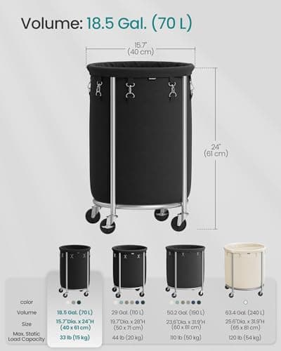 SONGMICS 18.5-Gallon (70 L) Laundry Basket with Wheels, Rolling Round Heavy-Duty Laundry Hamper Cart with Steel Frame and Removable Bag, 2 Locking Wheels, Ink Black and Metallic Silver URLS006B01 6