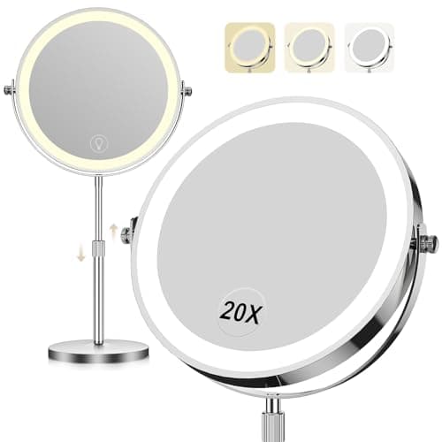 Makeup Mirror with Lights, 1x/20x 360° Rotation Vanity Mirror, Brightness Adjustable Lighted Makeup Mirror with Magnification, 5000 mAh Rechargeable Double Sided Mirror with 3 Colors, Gift for Women