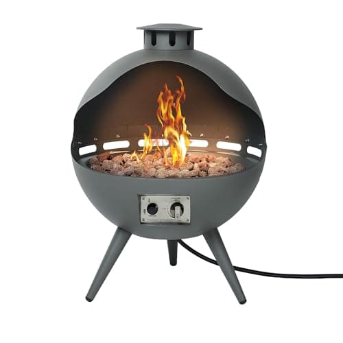24-Inch Chimenea Outdoor Gas Fireplace, 55,000 BTU Propane Fire Pit with Lava Rocks and Rain Cover, Hemispherical 3-Legged Firepit, Gray