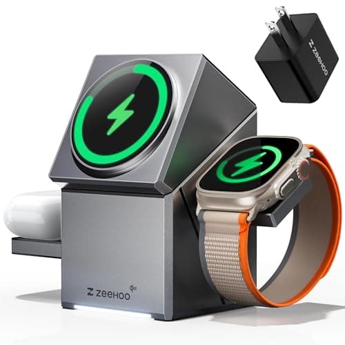 ZEEHOO 3 in 1 Charging Station for Apple, iPhone Mag-Safe Charger, Qi2 Certified, Rotating Wireless Charger Stand for iPhone 17,16,15,14,13,12 Series, Apple Watch, AirPods (USB-C Charger Included)