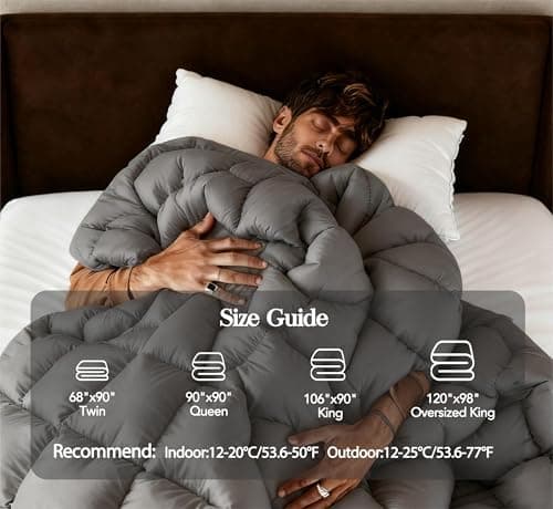 Grey Feather Down Comforter King Size,100% Organic Blended Cotton Fabric Cover,Ultra Soft Comforter High Fill Power Comforters, All Season Hotel Collection Fully Duvet Insert, 8 Corner & Center Loops 7