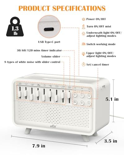 VLU White Noise Sound Machine Diffuser, Essential Oil Diffusers for Home, Air Aroma Diffuser Humidifier with 8 White Noise Effect & LED Night Light, Speaker, Timer, Plug in Design 8