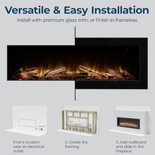 Ambe Linear 50" Electric Fireplace with Real Wood | Hidden Vent Design | Midwest Hardwood Log Set | Recessed or Built-in | Deep Realistic Ember Bed | Fireplace Insert Heater | Trim or Frameless 5