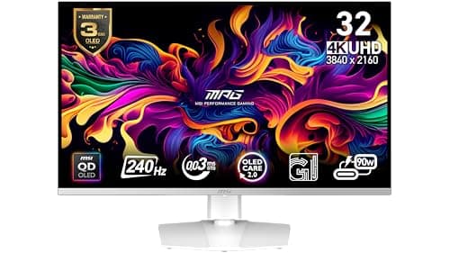 msi MPG 321URXW QD-OLED 32-inch 3840 x 2160 (UHD) Computer Monitor, 240Hz, Adaptive-Sync, HDMI, DP Port, VESA Mountable, Tilt, Speaker, 0.03ms, White
