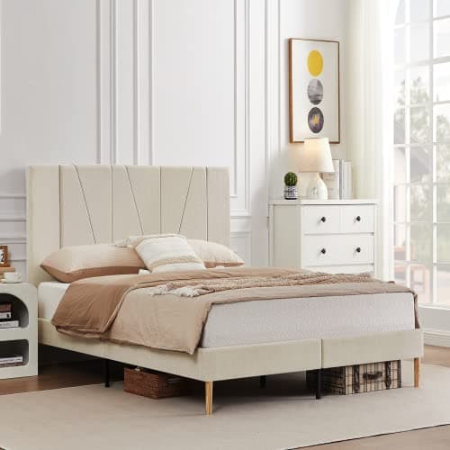 Flolinda King Size Bed Frame Upholstered Platform with Complete Headboard and Strong Wooden Slats, No Box Spring Needed, Easy Assembly,Beige 7