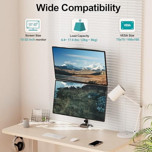 MOUNT PRO Vertical Dual Monitor Mount, Stacked Monitor Stand for 2 Computer Screens up to 32 inches, Fully Adjustable Full Motion Display Desk Mount, Each Arm Holds up to 17.6lbs, VESA Mount 2
