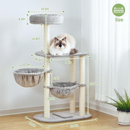 Small Cat Tree Tower with Lots of Scratching Posts - 42 Inch Medium Compact Cats Scratch House with Hammock Perch for Multi Level 2 Kitty - Indoor Corner Cat Bed Condo Climbing Gym Towers Furniture 5
