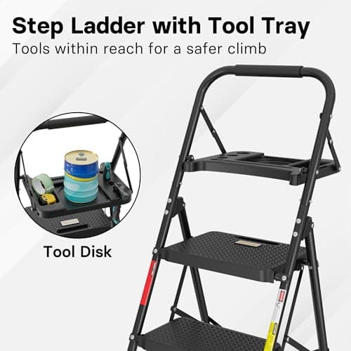 BONTEC 4-Step Ladder, 400lbs Max Load, Folding Step Stool with Tool Tray, Anti-Slip Pedals, Sturdy Steel, Lightweight Portable Ladder with Handrail for Home & Work Use, Black 9
