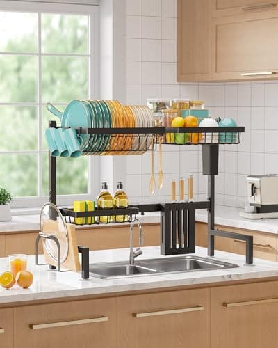 Sakugi Over The Sink Dish Drying Rack - Adjustable 2 Tier Large Capacity Stainless Steel Drainer with Cutlery & Utensil Holders, Kitchen Storage & Organization, 30"-33.9" L x 11" W x 21.5" H, Black 7