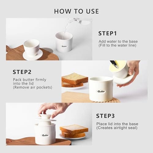 Rucoreon French Ceramic Butter Crock with Lid, 8.45oz Inverted Water Seal Butter Keeper for Soft, Spreadable Butter at Room Temperature, Lead-Free Dishwasher Safe 5