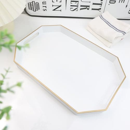 Omuriko White Decorative Tray with Handles, Octagon Versatile Serving Tray for Coffee Table, Ottoman, Ideal for Serving, Displaying, Organizing 6