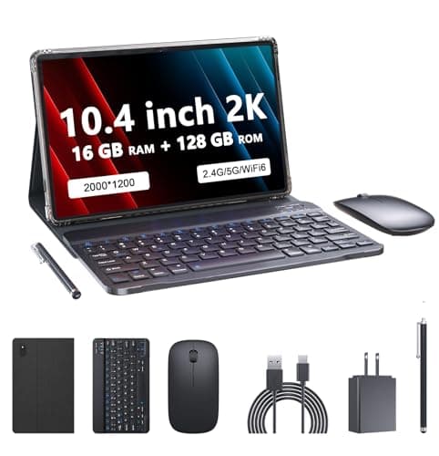 PEICHENG Tablet with Keyboard and Case, Android 13.0 10.4 Inch, 16GB RAM+128GB ROM, 2000 * 1200 2K FHD Display, Powerful 2.0Ghz CPU, 2.4G and 5G and WiFi 6, Bluetooth 5.0, 2 in 1 Tab, Black