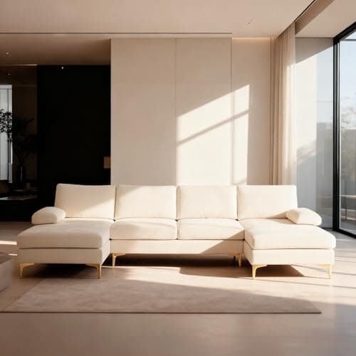 Karl home Convertible Sectional Sofa 110" U-Shape Sofa Couch 4-Seat Couch with Chaise ChenilleFabric Upholstered for Living Room, Apartment, Office, Creamy White 6