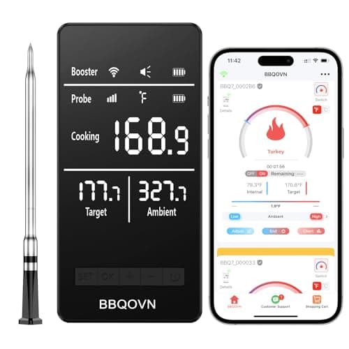Smart WiFi Wireless Meat Thermometer Unlimited Range 7 NIST Cert.Sensors Accuracy ±0.5°F Sub-1G (10X Stronger Than Bluetooth) APP&Digital Base,Monitor for BBQ, Grill,Oven, Smoker(1, Black, Small)