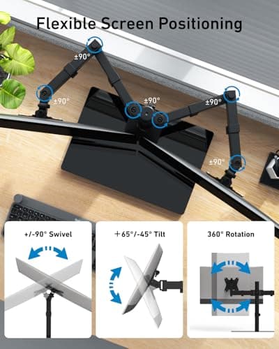 HUANUO Freestanding Dual Monitor Stand, 32 Inch Dual Monitor Mount for 2 Screens, Holds up to 19.8 lbs per Arm, Gaming Monitor Arm Riser with Tempered-Glass Base, Tilt, Swivel, Rotation, Black 5