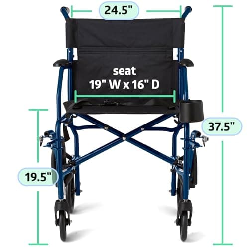 Medline Ultra Lightweight Transport Wheelchair for Adults and Elderly, Foldable, 19-Inch Seat Width, Blue Frame, Black Upholstery, 300 lb Capacity 6