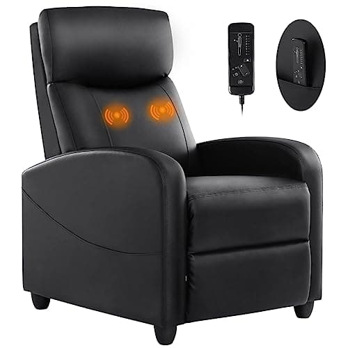 Recliner Chair for Adults, Massage PU Leather Small Recliner Sofa Home Theater Seating with Lumbar Support, Adjustable Modern Reclining Chair with Padded Seat Backrest for Living Room (Deep Black)